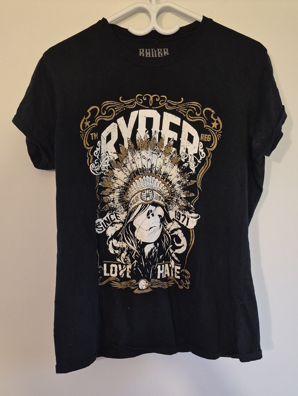 RUDE Black Graphic Tee with White & Gold Headdress Print